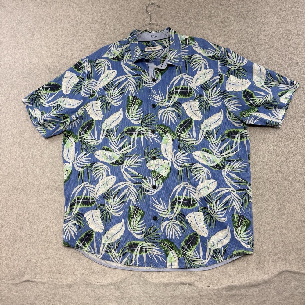 Tommy Bahama Shirt Men XLT Blue Green Palm Silk Tropical Beach Resortwear Tall